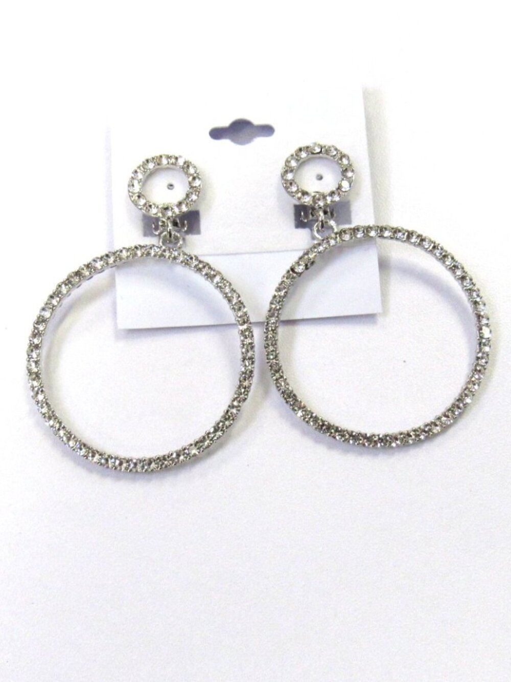 Silver Rhinestone Crystal Open Circle Dangle Drop CLIP ON Earrings Clip-on